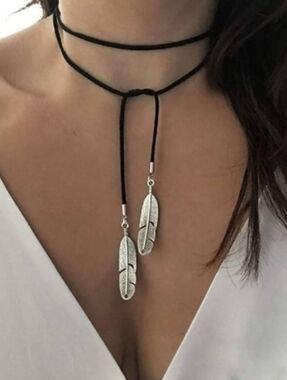Free People Silver Feather Black Leather Wrap Necklace